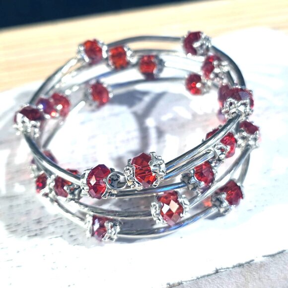 Handcrafted Crystal Wrap Bracelet With Red Faceted Beads - Picture 3 of 7